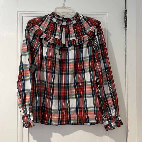 J Crew Women' Scallop Tie Neck Puff Sleeve Top In Stewart Tartan Plaid in Size M - Picture 3 of 5